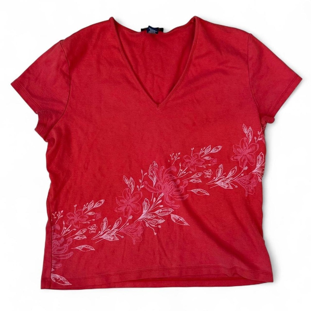 Vintage Ann Taylor V-Neck Red Baby Tee Women's Size Large Floral Beachy Y2K VTG